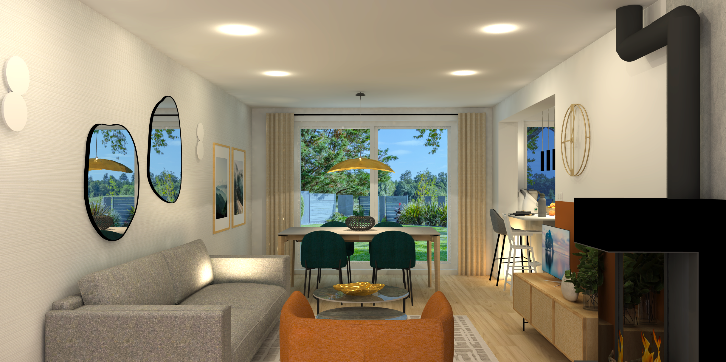 Vue 3D photoréaliste du séjour et de la salle à manger