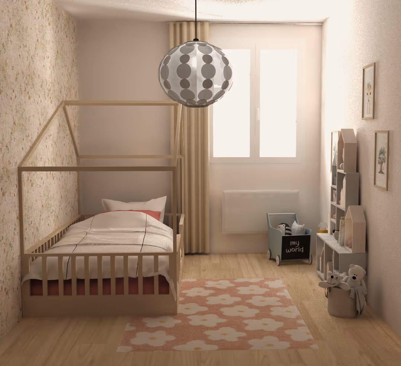 Chambre d'enfant lumineuse avec lit cabane en bois clair et tapis floral rose, projet Cocoon