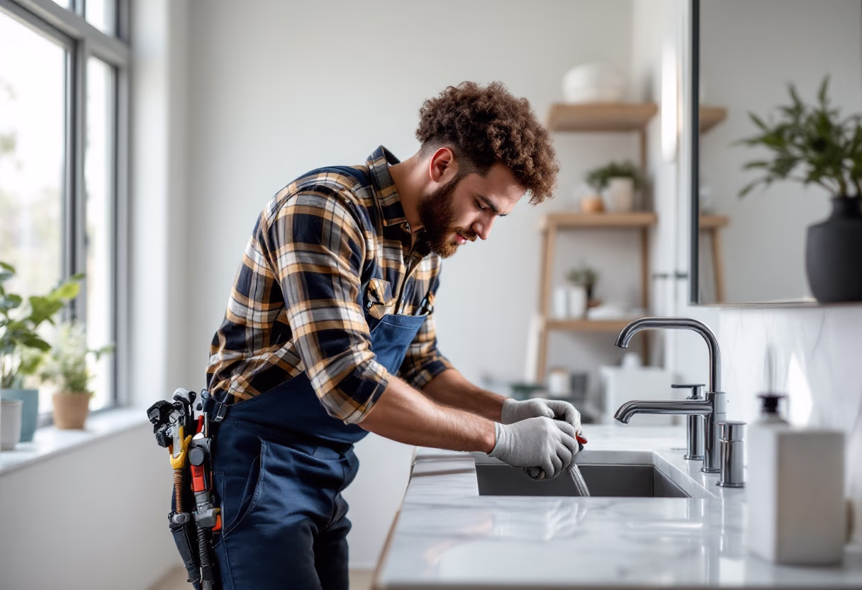 image of plumber working under a sink