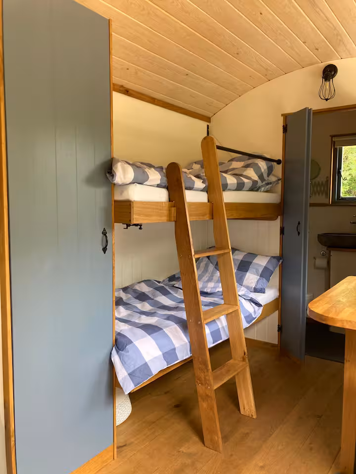 Two small children’s bunks with blue checked bedding and a wooden ladder to the upper bunk.
