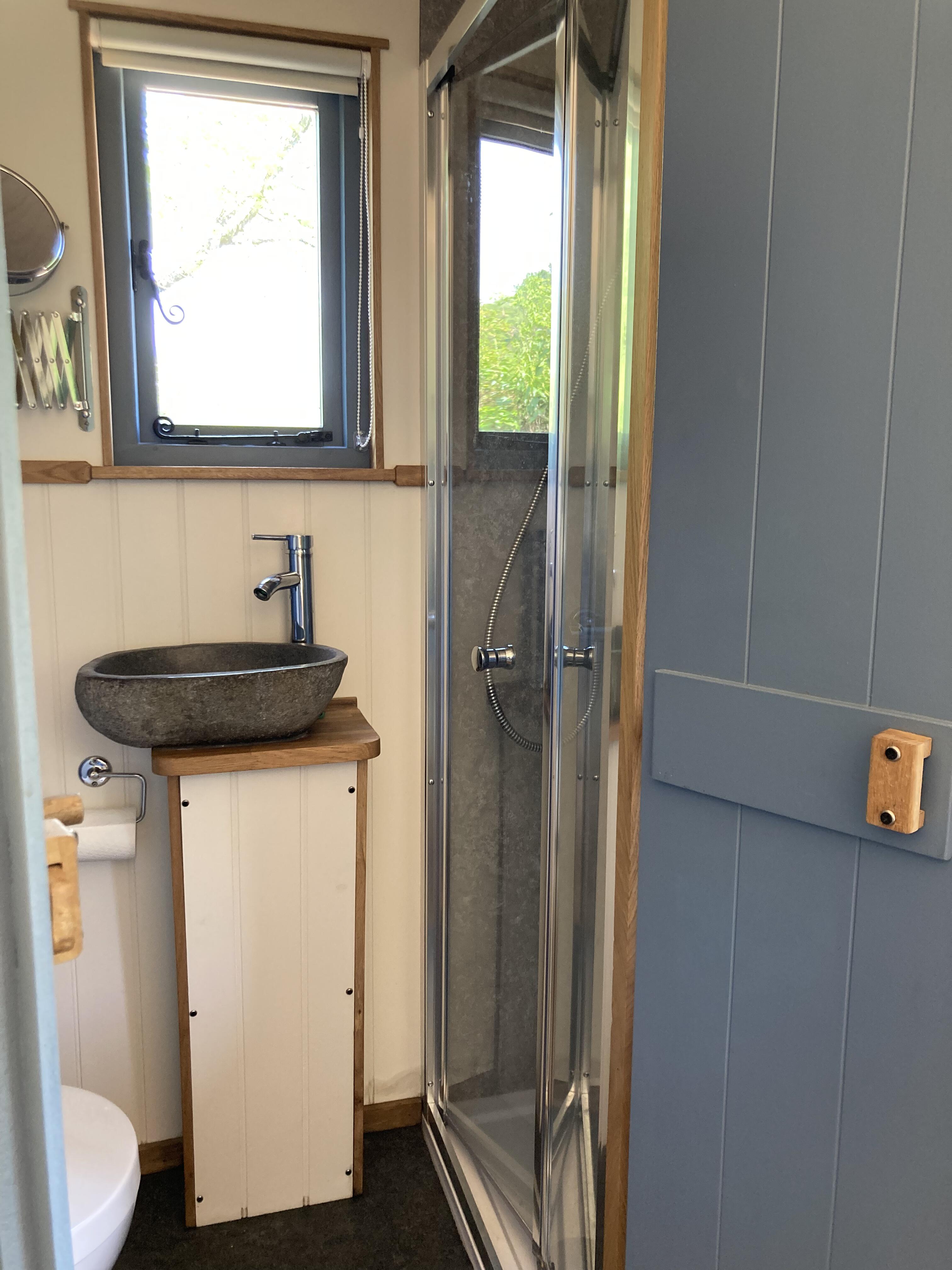 Ensuite bathroom with a glass shower enclosure, countertop basin and blue sliding door.