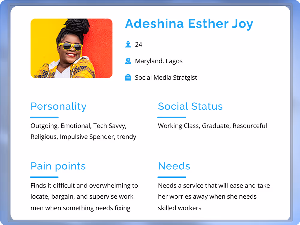 User persona gotten during the 'define' stage of TaskMe project