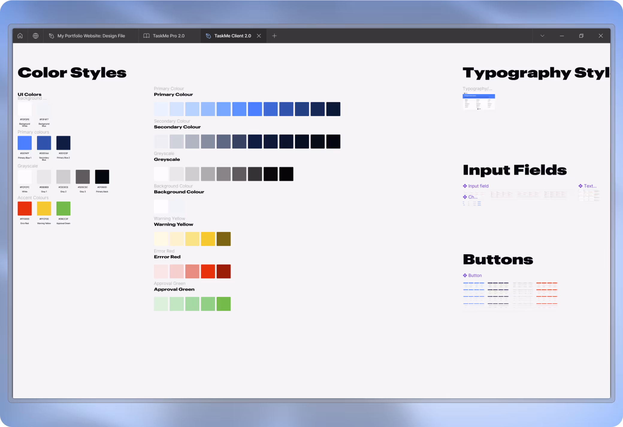 Image showing color styles, Typography styles,  input fields, buttons, used in TaskMe's scalable design system for the entire TaskMe ecosystem promoting a consistent visual design 