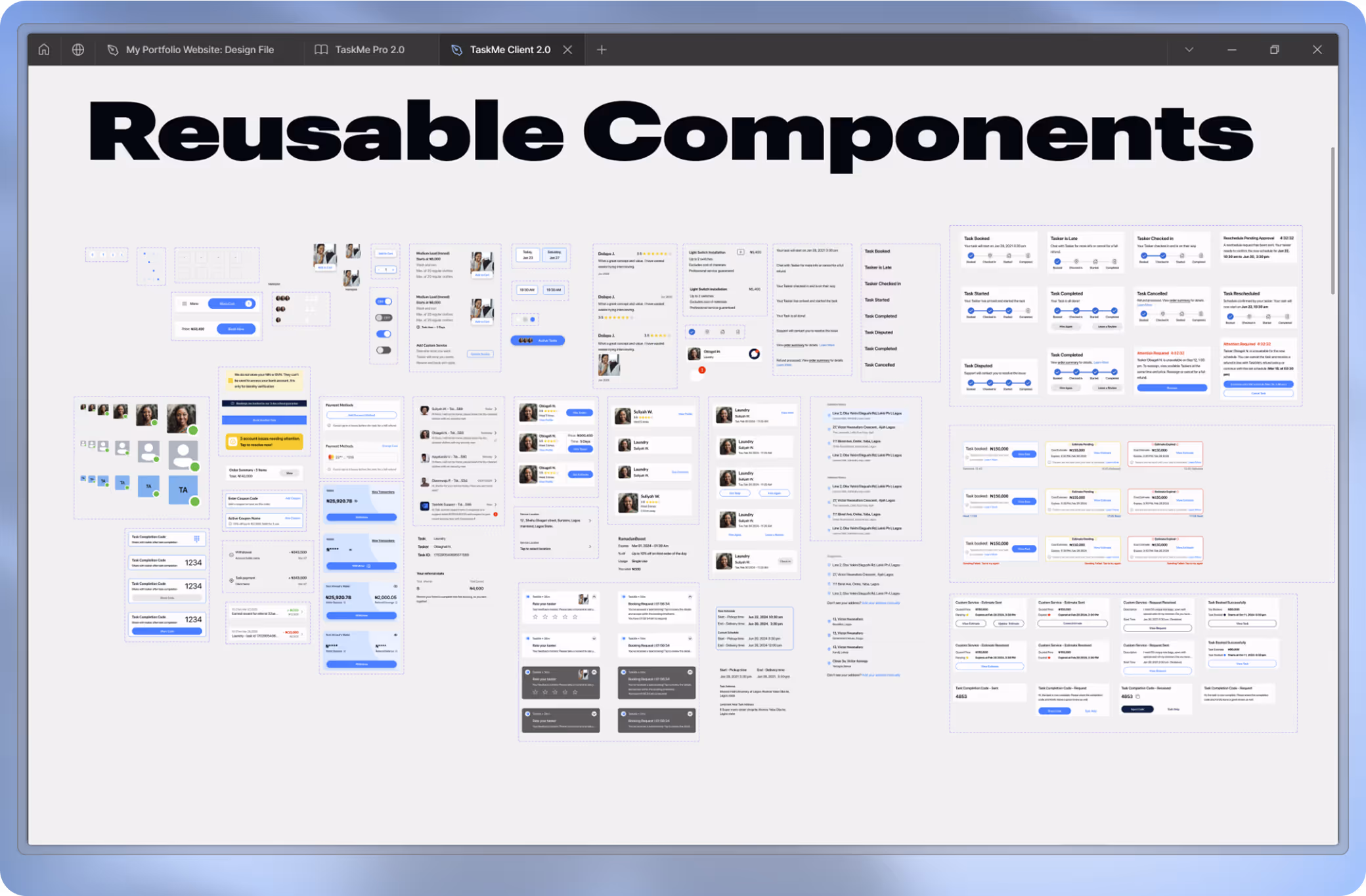 Image showing reusable components used in TaskMe's scalable design system for the entire TaskMe ecosystem promoting a consistent visual design 