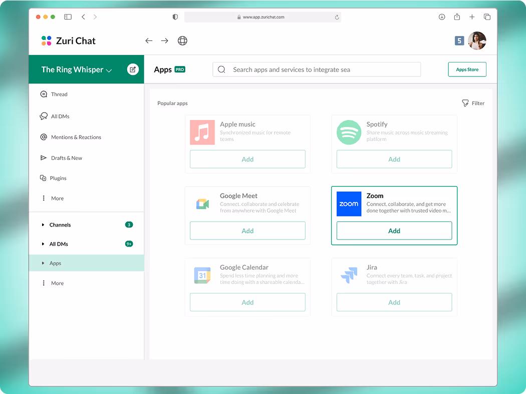 An image showing a mocked up screen of 'Zuri Chat' project on web