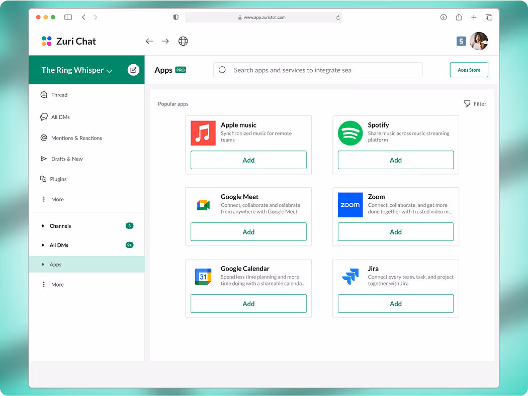 An image showing a mocked up screen of 'Zuri Chat' project on web