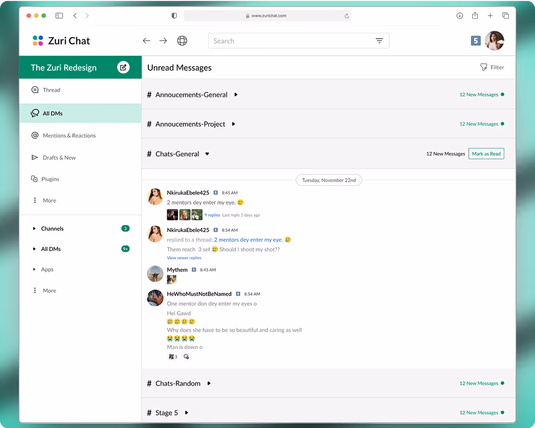 An image showing a mocked up screen of 'Zuri Chat' project on web