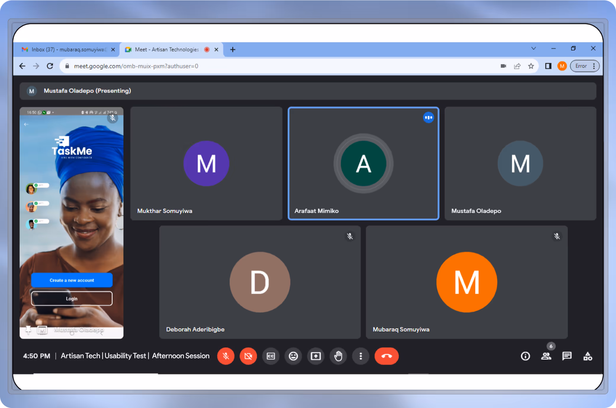 Image showing a collaborative Usability Testing session of TaskMe mobile app
