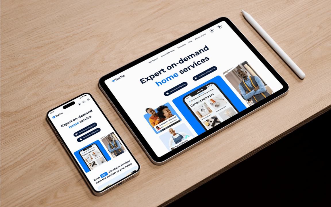 A gif showing screens from 'TaskMe Landing Page' project