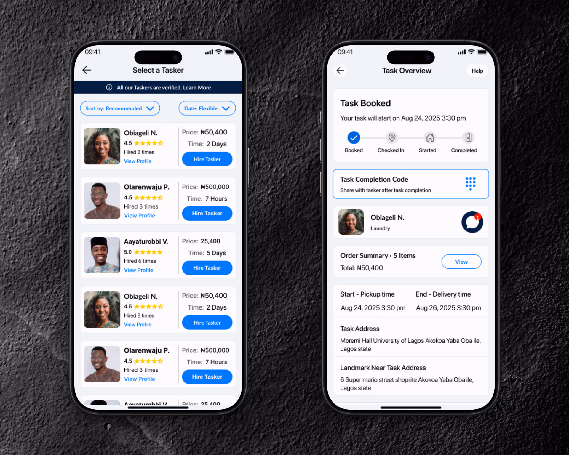 An image showing 2 mobile mock up screens of 'TaskMe' booking flow