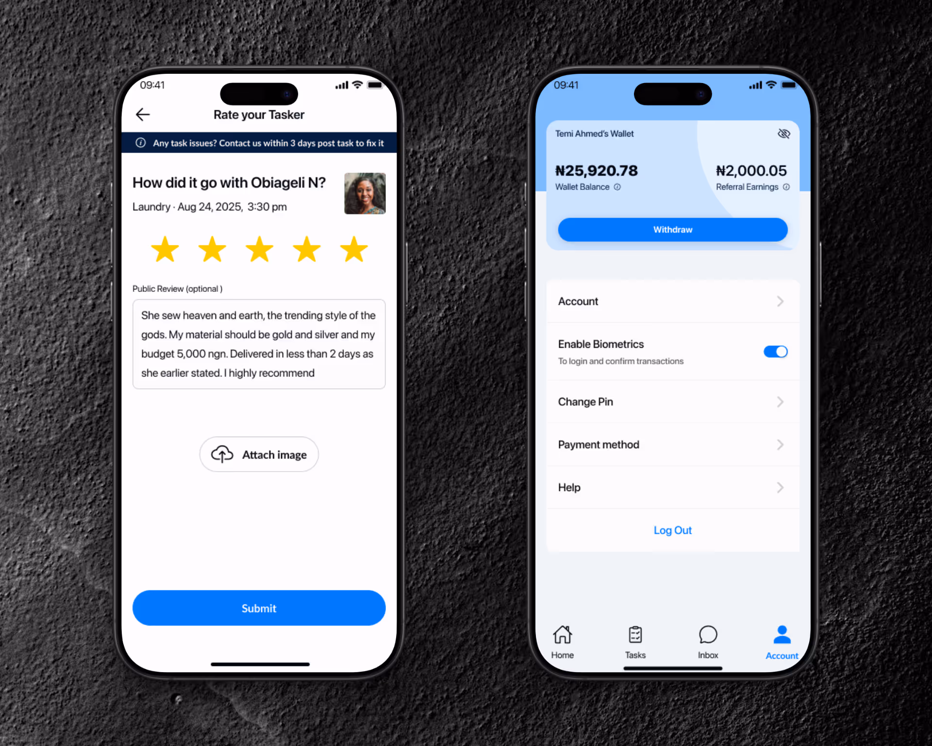 An image showing 2 mobile mock up screens of 'TaskMe' booking flow