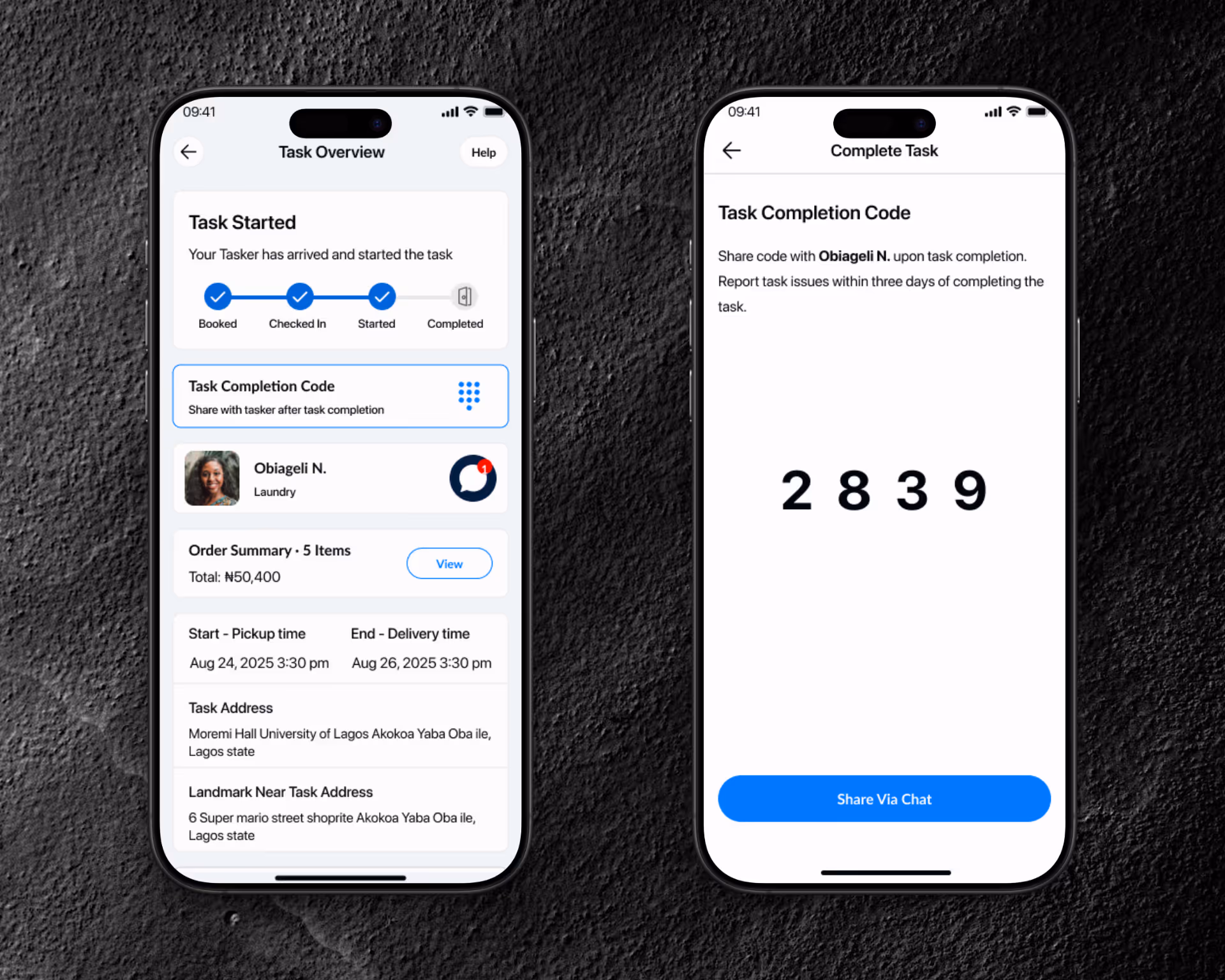 An image showing 2 mobile mock up screens of 'TaskMe' booking flow