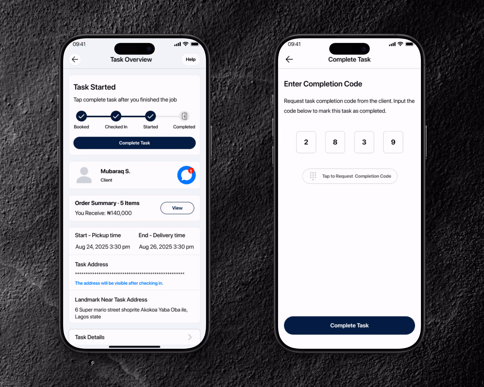 An image showing 2 mobile mock up screens of 'TaskMe' booking flow