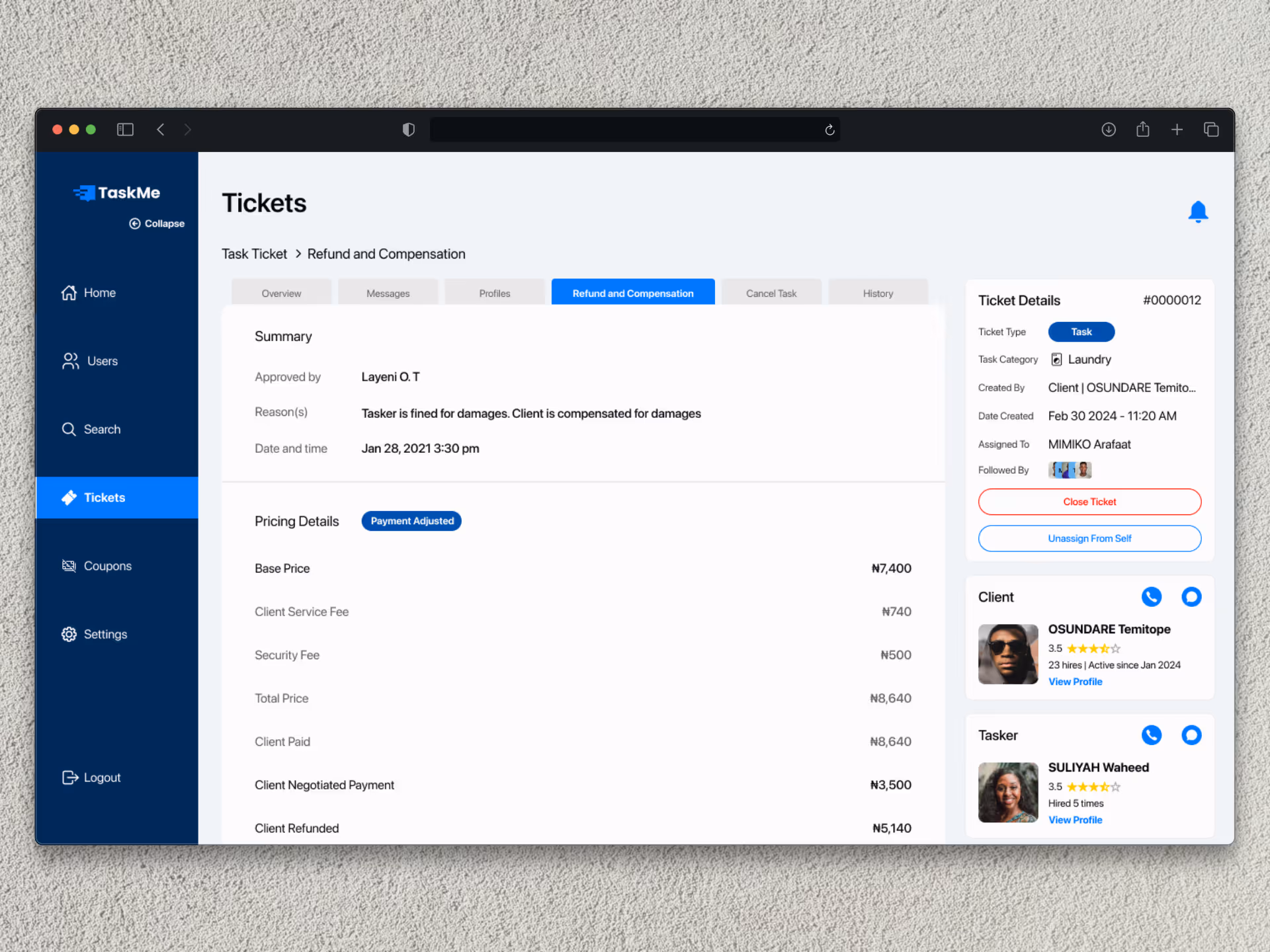 An image showing web mock up screens of 'TaskMe Support Web App'
