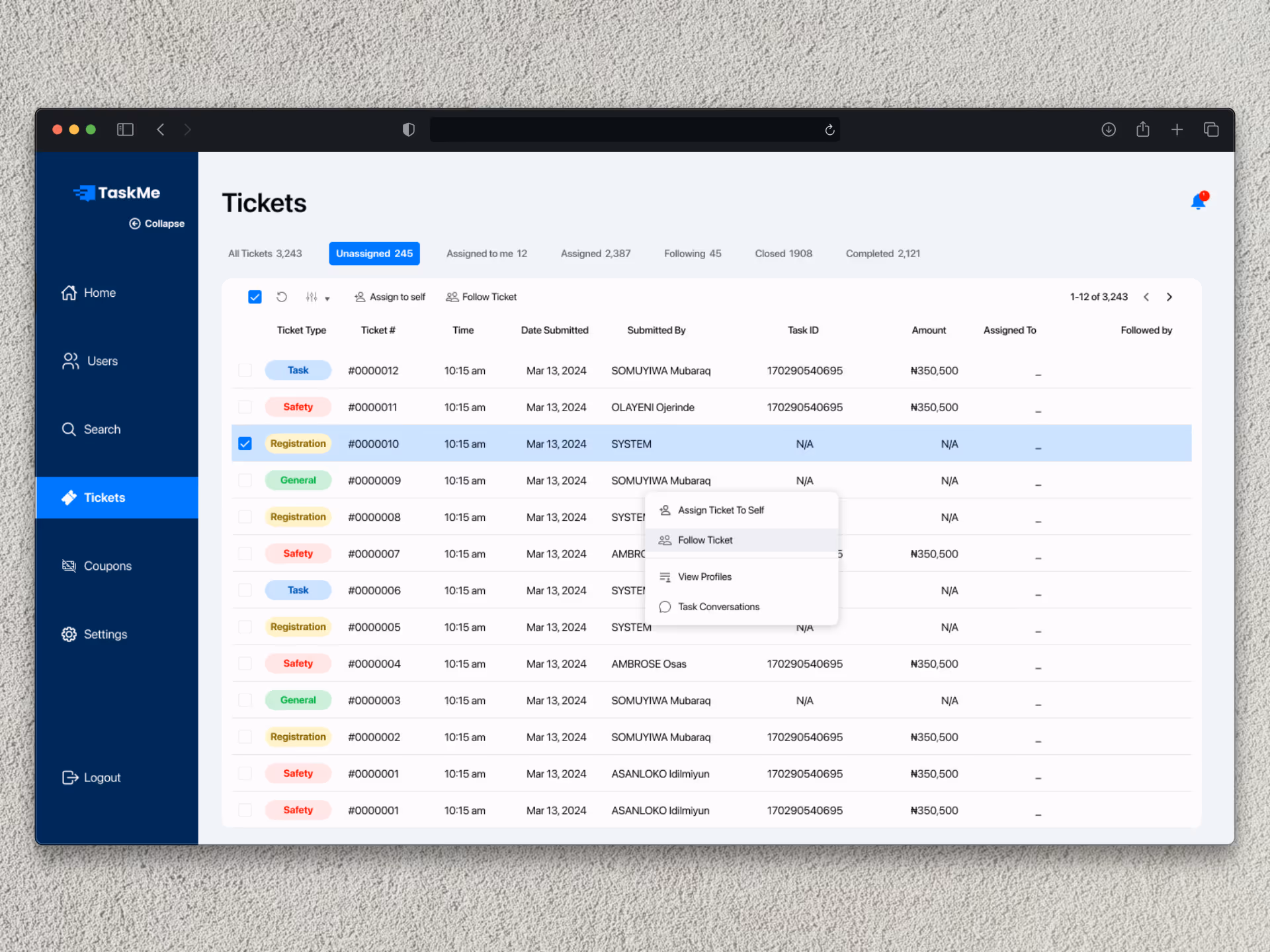 An image showing web mock up screens of 'TaskMe Support Web App'