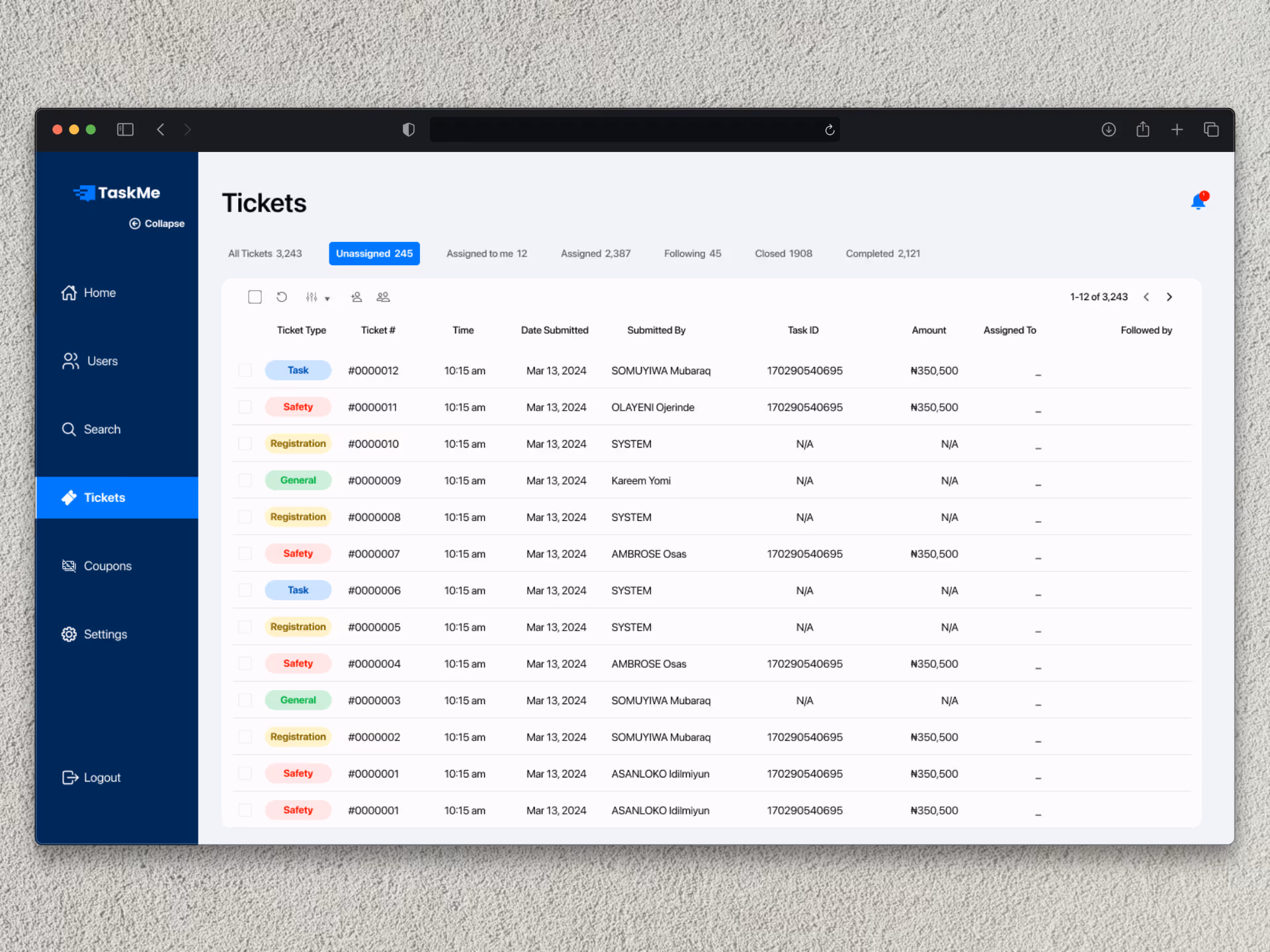 An image showing web mock up screens of 'TaskMe Support Web App'