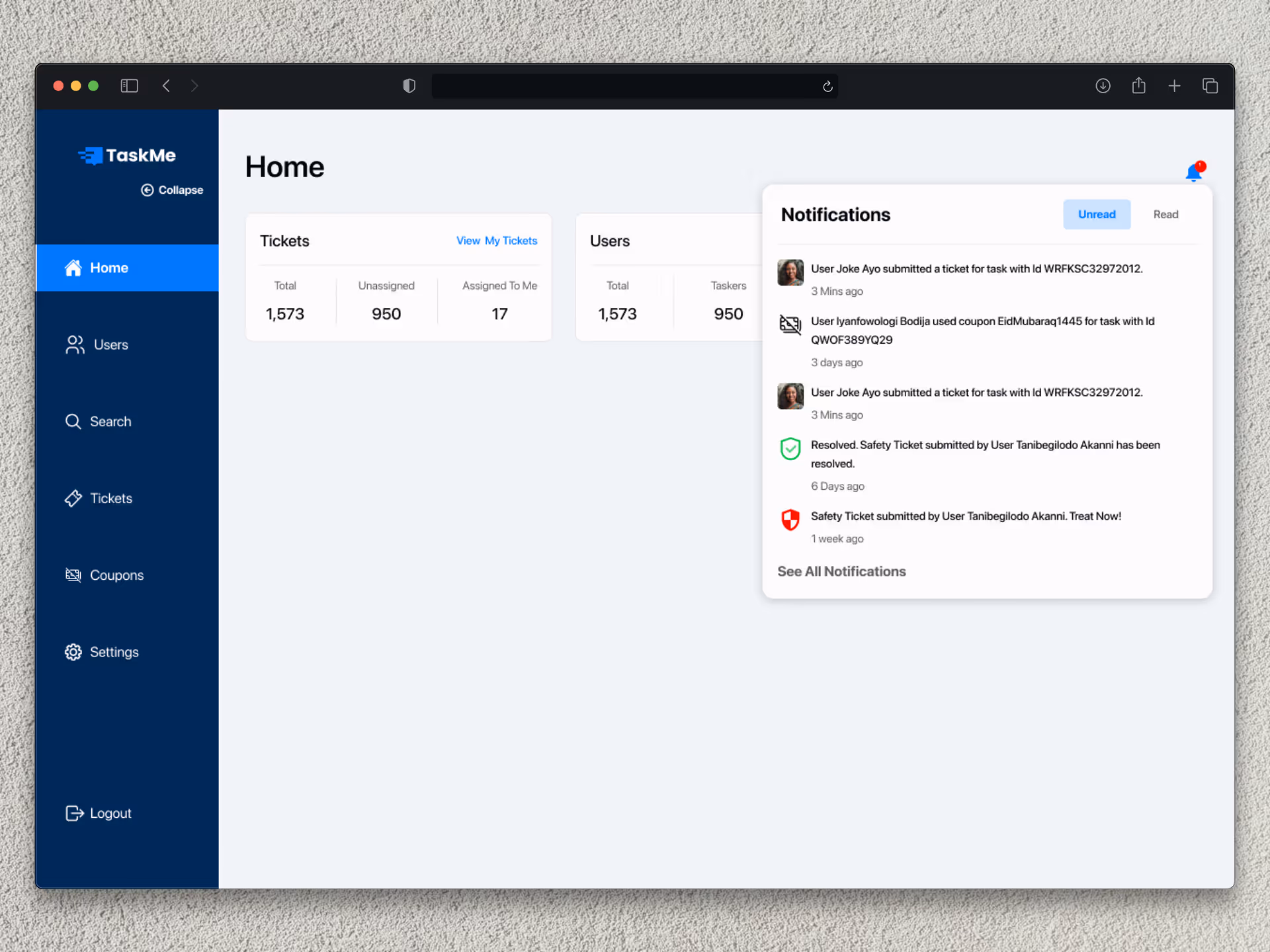An image showing web mock up screens of 'TaskMe Support Web App'