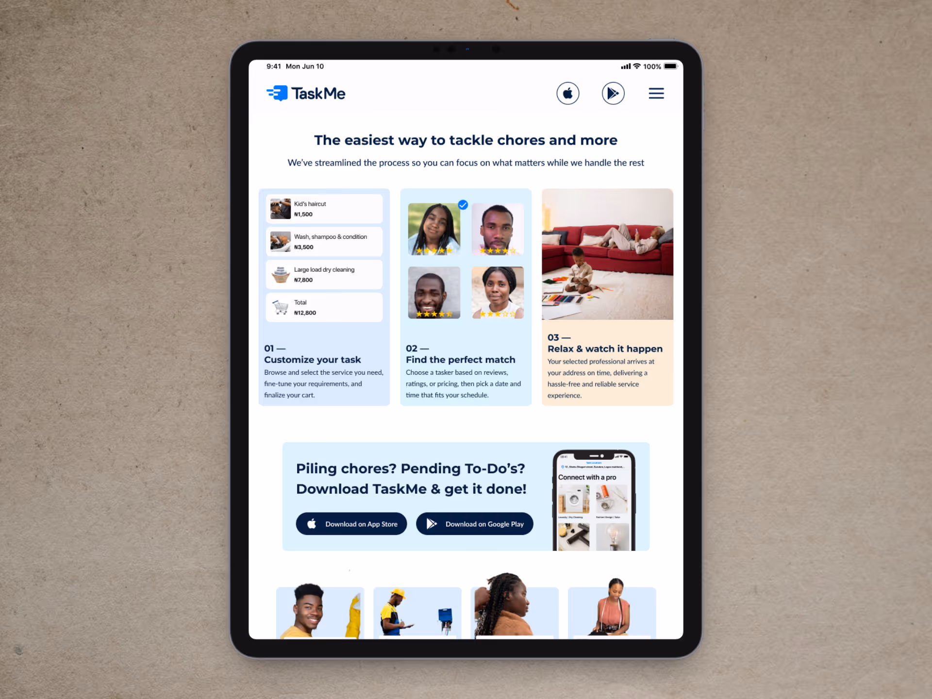 An image showing tablet mock up screens of 'TaskMe Landing Page'