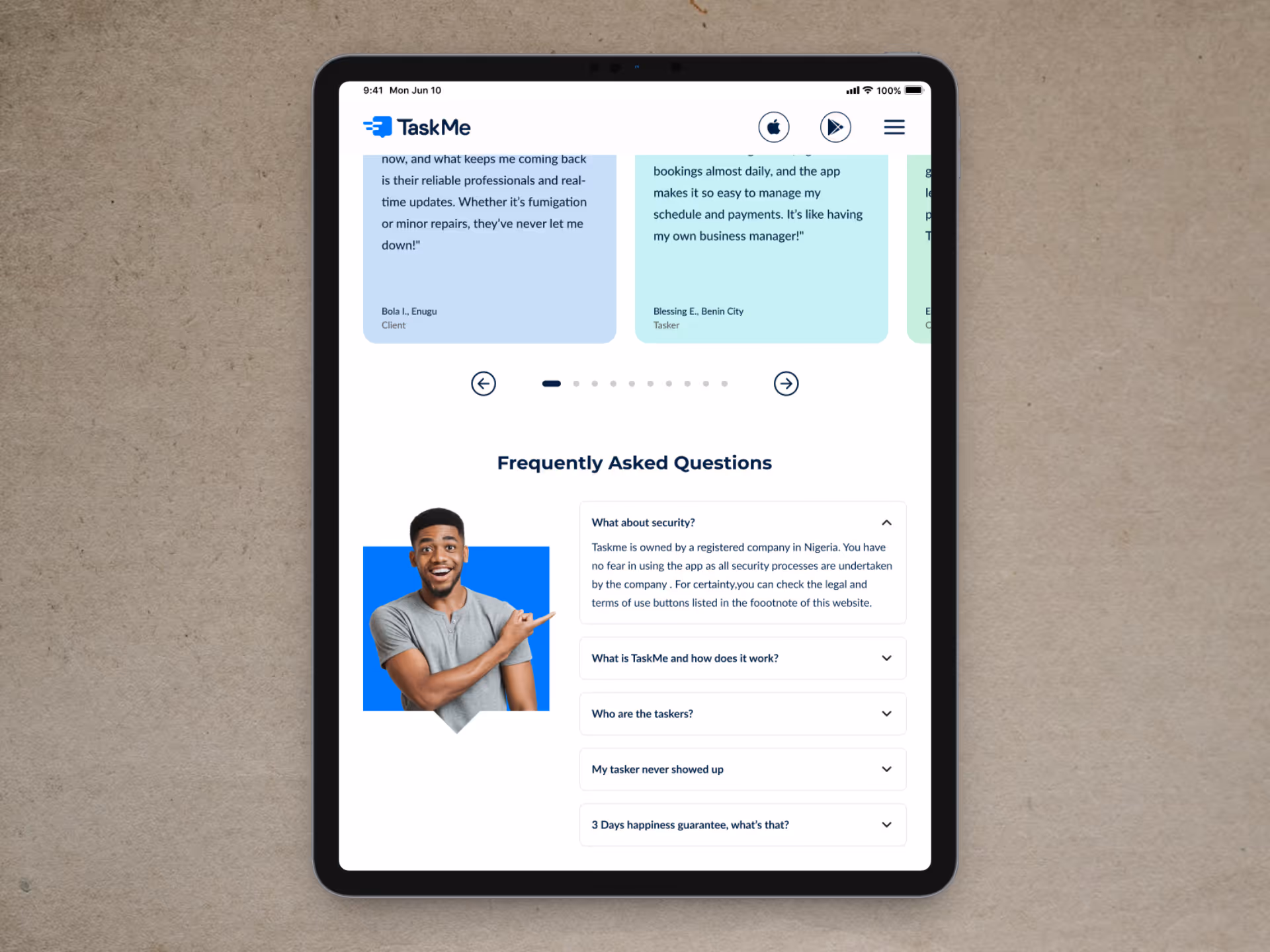 An image showing tablet mock up screens of 'TaskMe Landing Page'