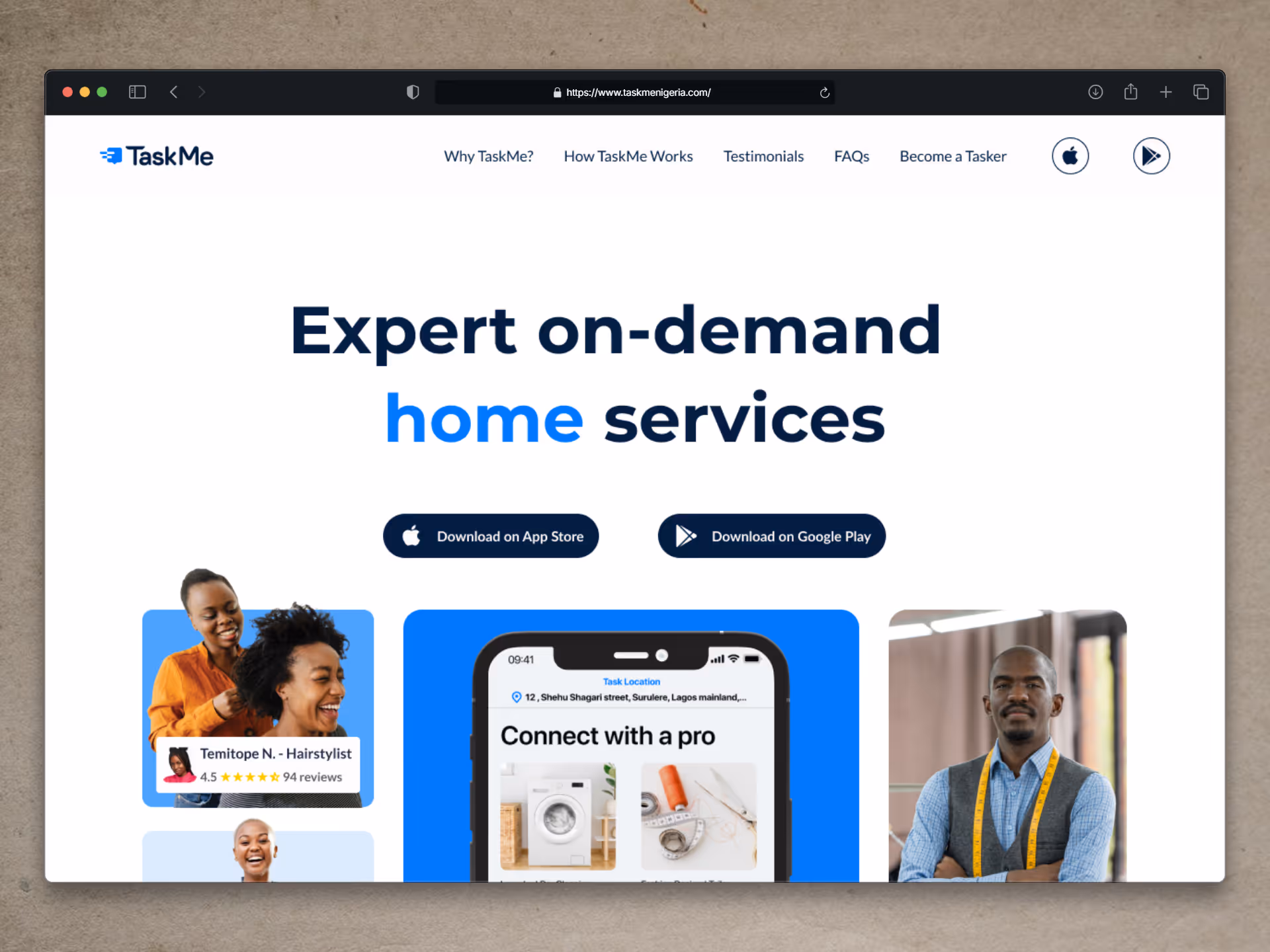 An image showing web mock up screens of 'TaskMe Landing Page'