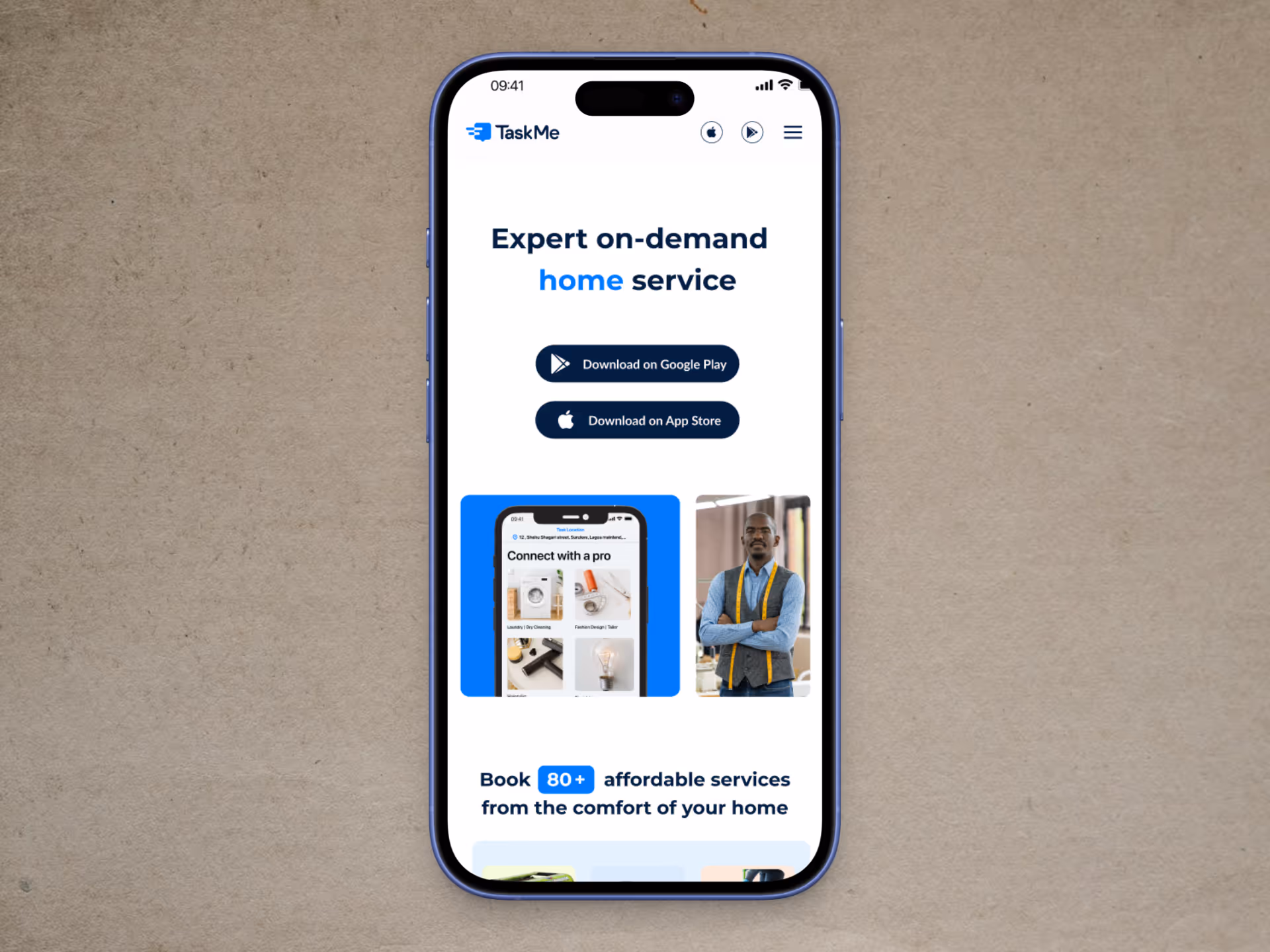 An image showing mobile mock up screens of 'TaskMe Landing Page'