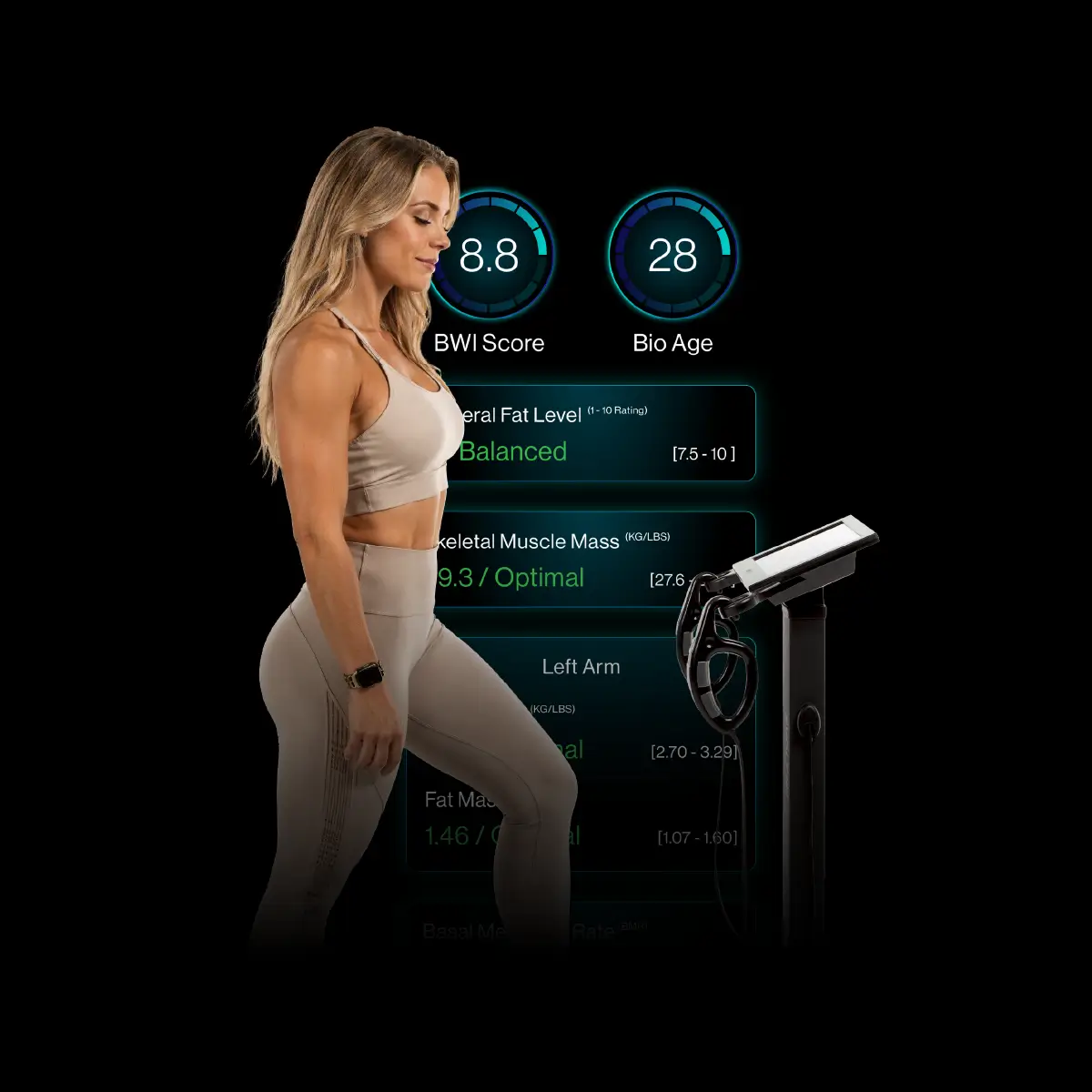 Evolti body composition analyzer screen displaying weight and wellness metrics.