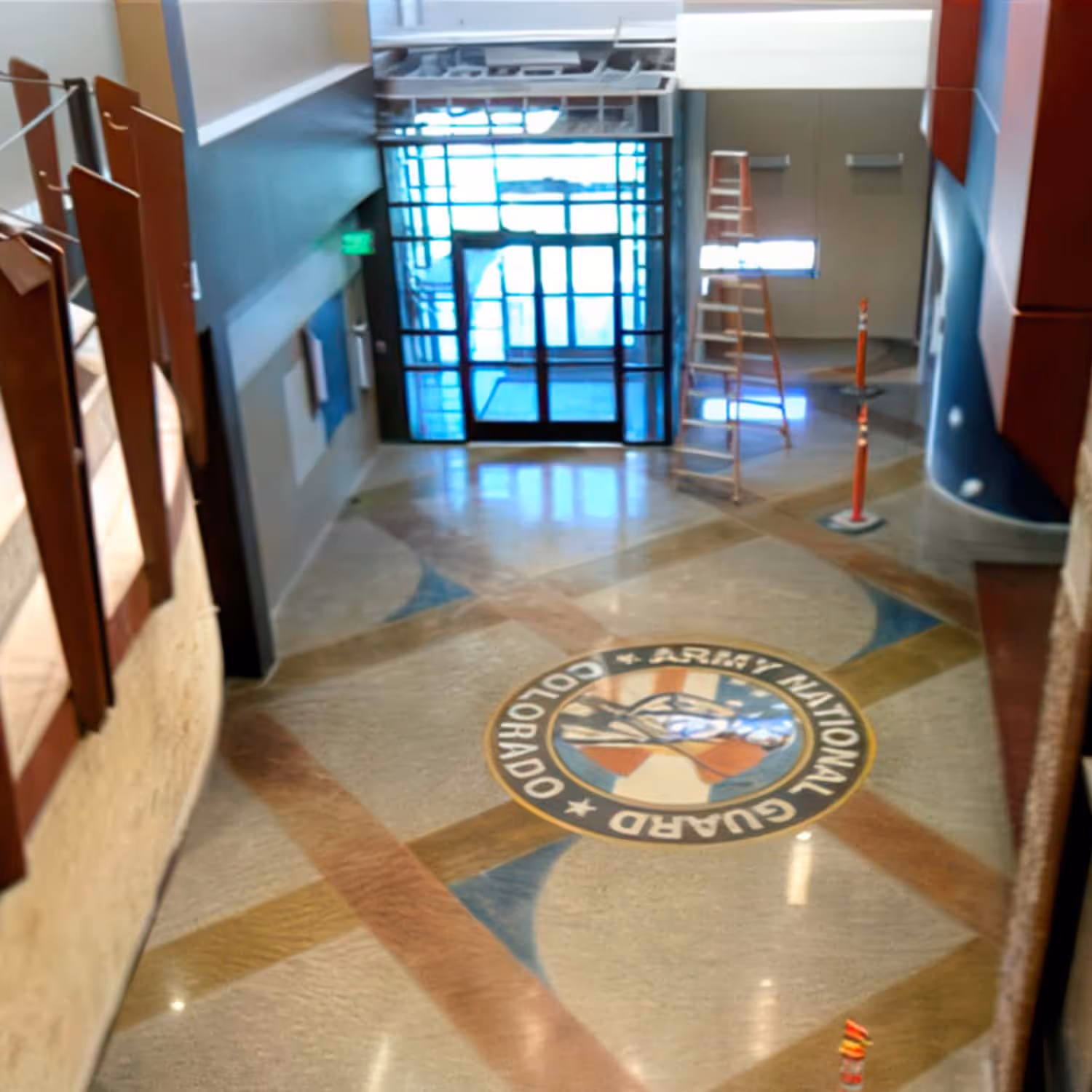 Overhead view of a logo on a concrete floor