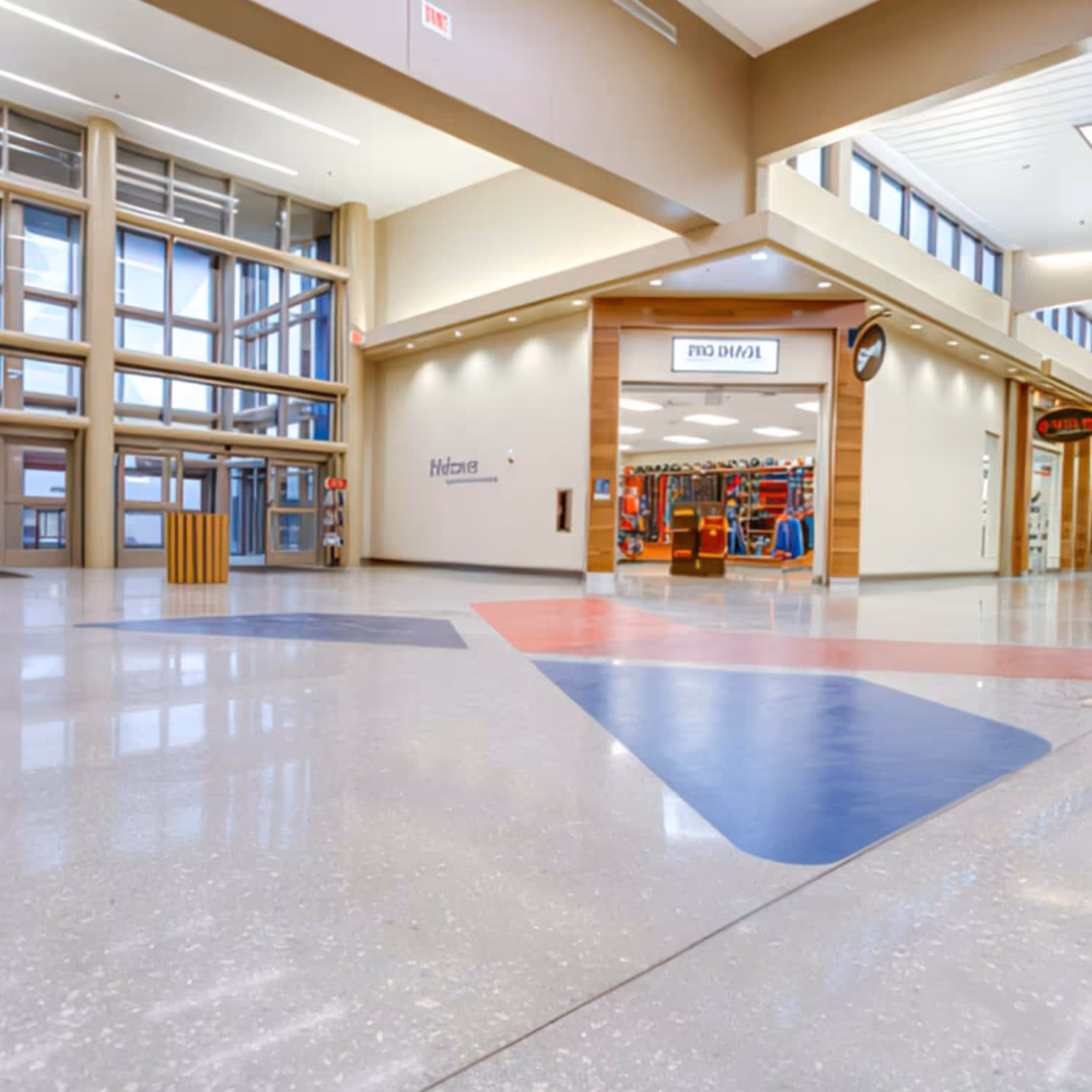 A logo stenciled on polished concrete flooring