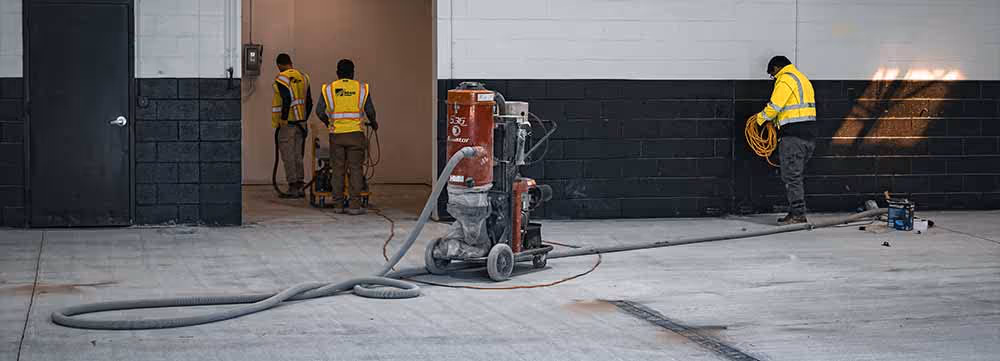 Workers grinding a concrete floor