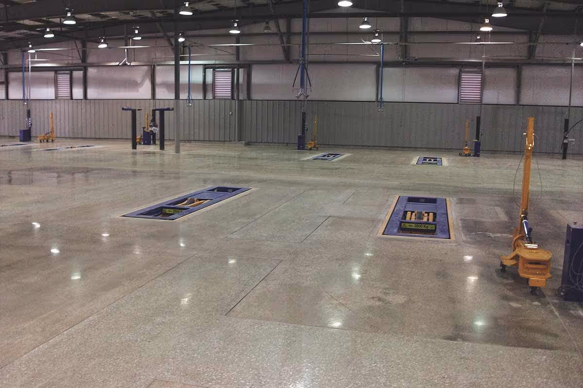 Overhead view of an Industrial polished concrete flooring in a large warehouse