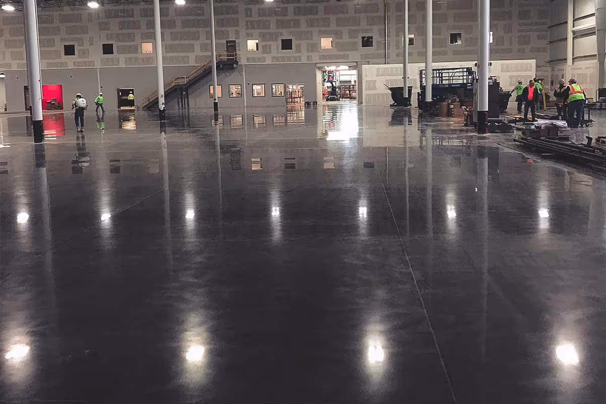 Industrial polished concrete flooring in a warehouse