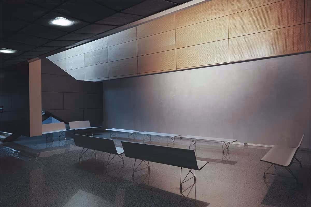 Institutional polished concrete floor and modern furnishings