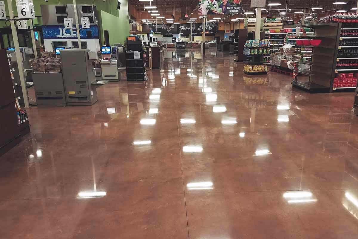 View of a polished concrete floor in a Kroger location