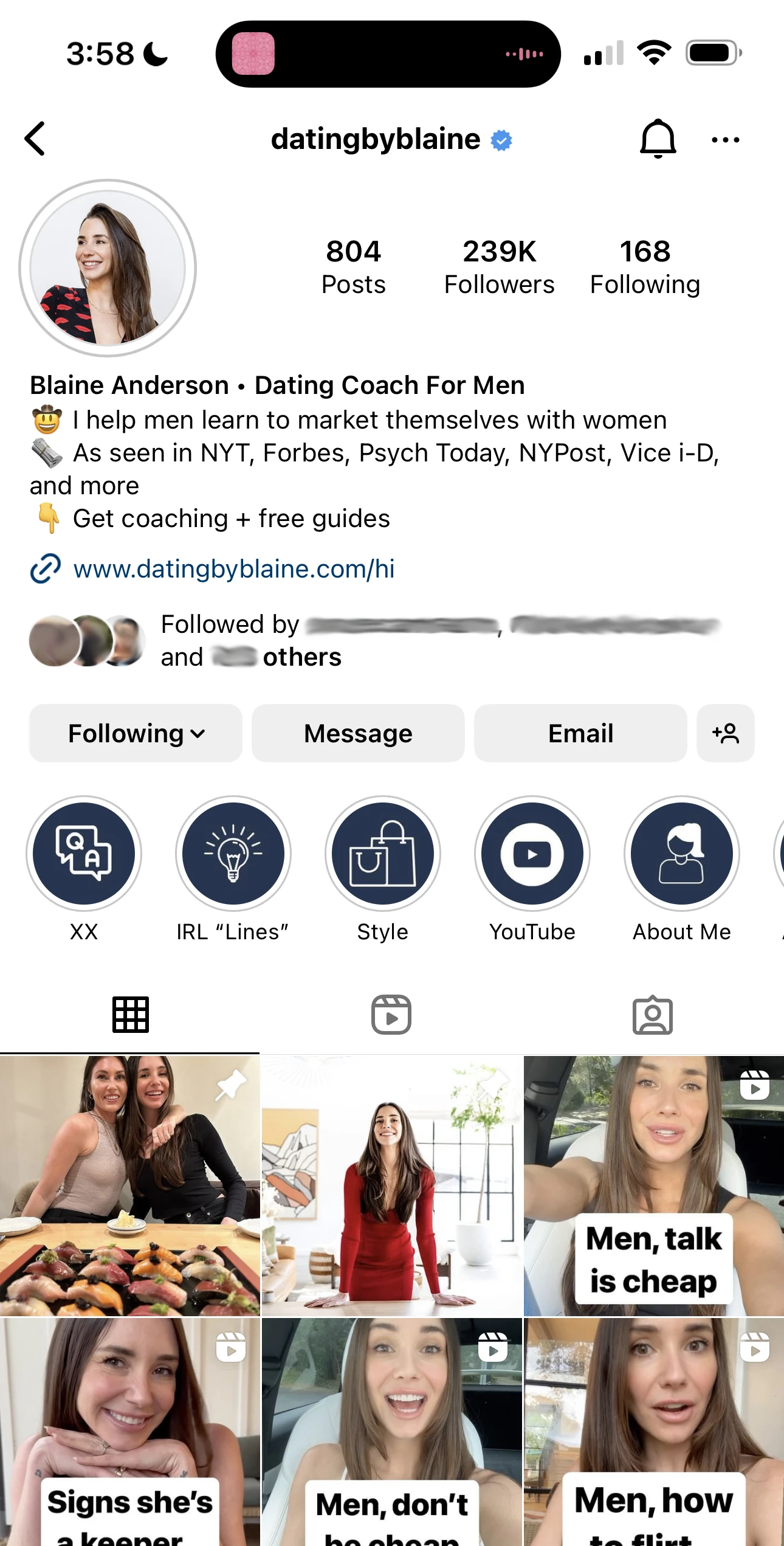 Screenshot of Blaine's Instagram profile