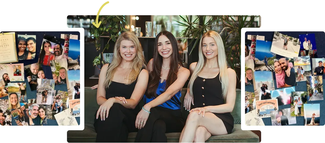 Graphic that includes a photo of Blaine, seated with matchmakers Steph & Ash, in between photos of clients with their girlfriends