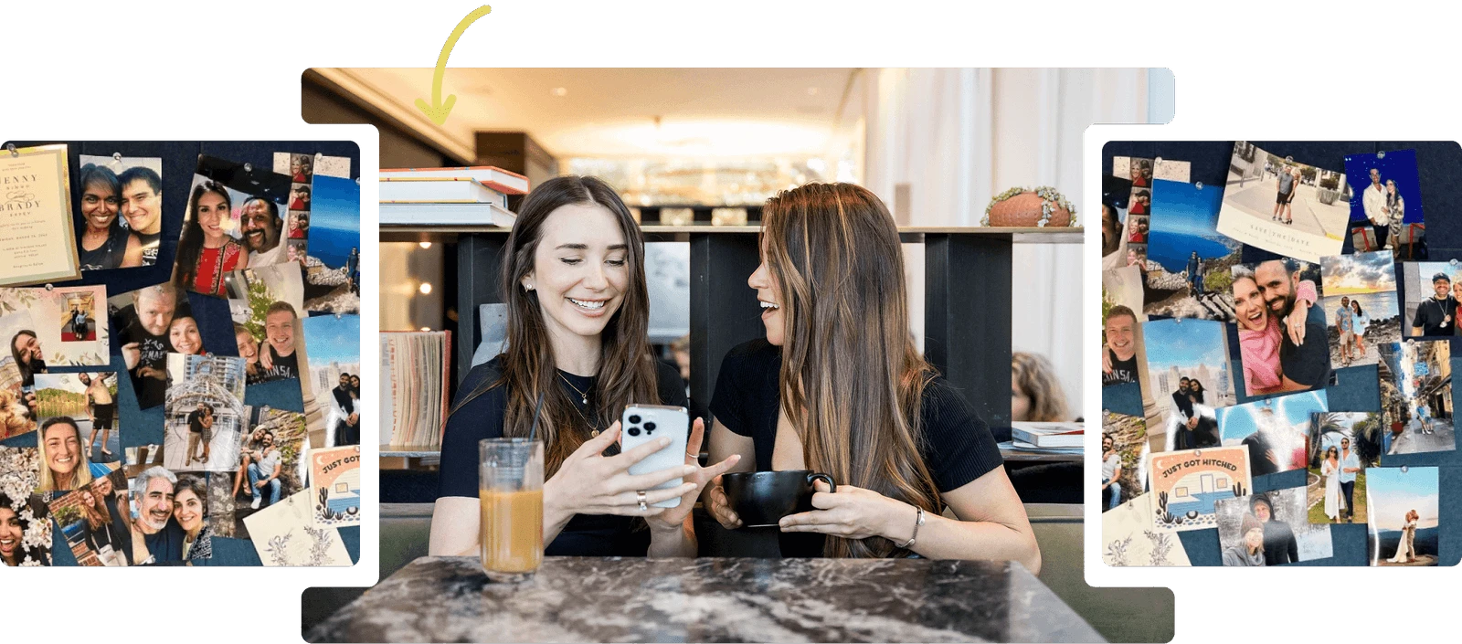 Blaine and Kahlah sitting at a table in a cafe, holding a phone and smiling, the other holding a black cup and laughing, with photo collages on both sides.