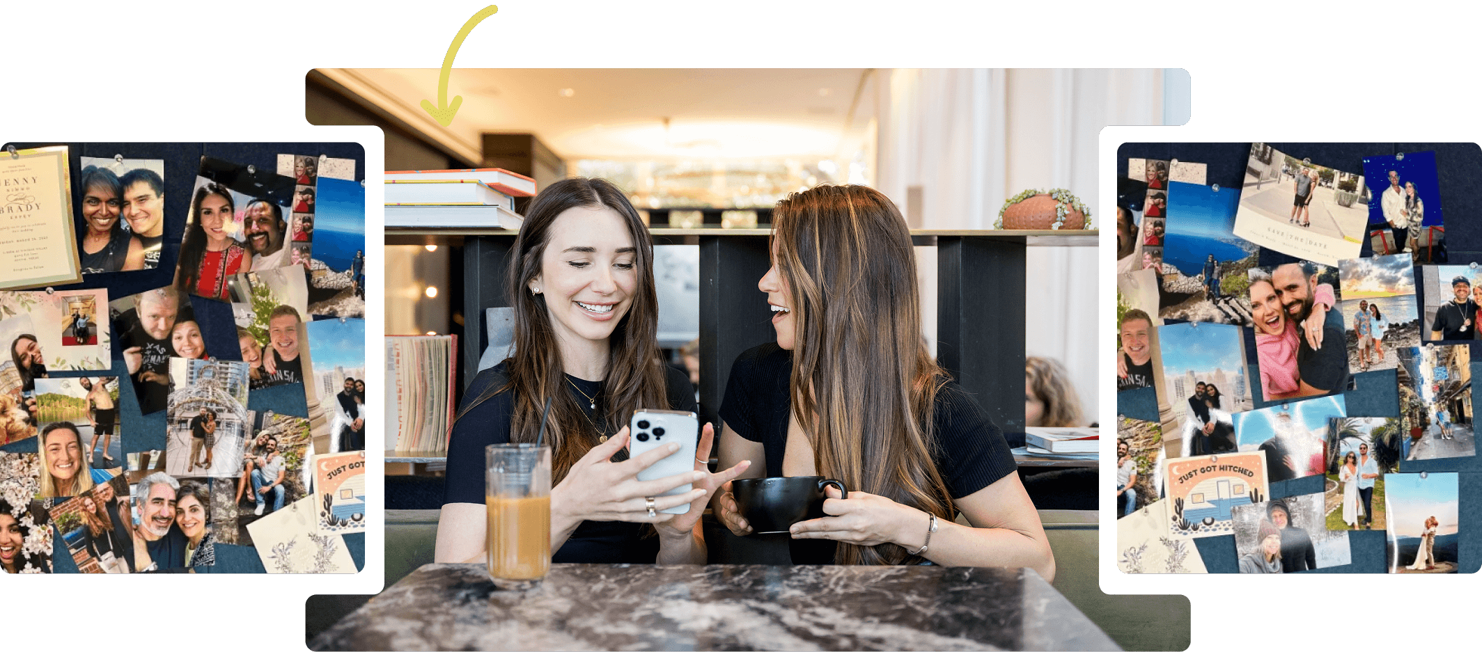 Blaine and Kahlah sitting at a table in a cafe, holding a phone and smiling, the other holding a black cup and laughing, with photo collages on both sides.