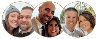 Testimonial graphic showing photos of three happy couples