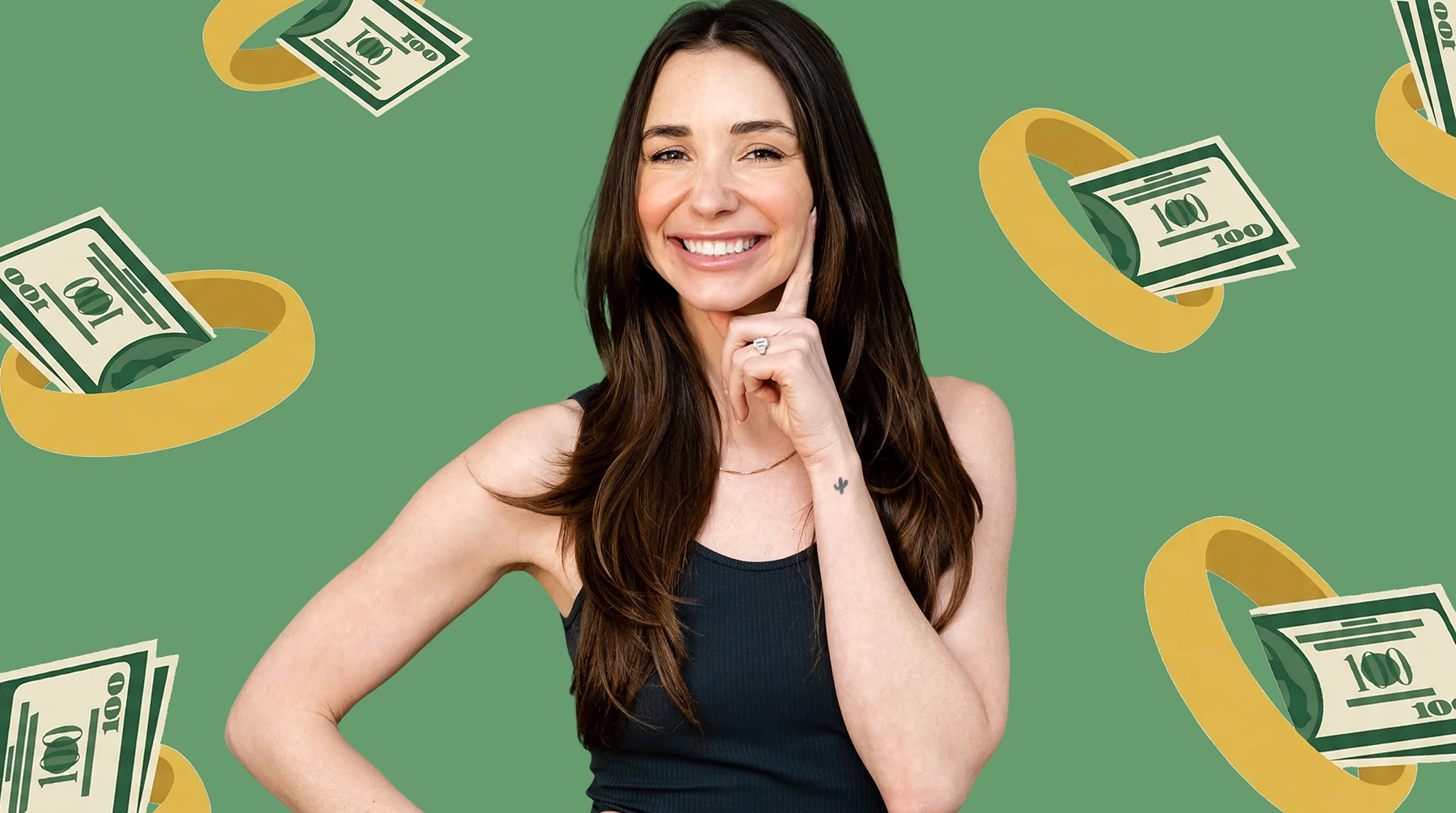 Graphic featuring photo of Blaine, with wedding rings and $100 bills in background