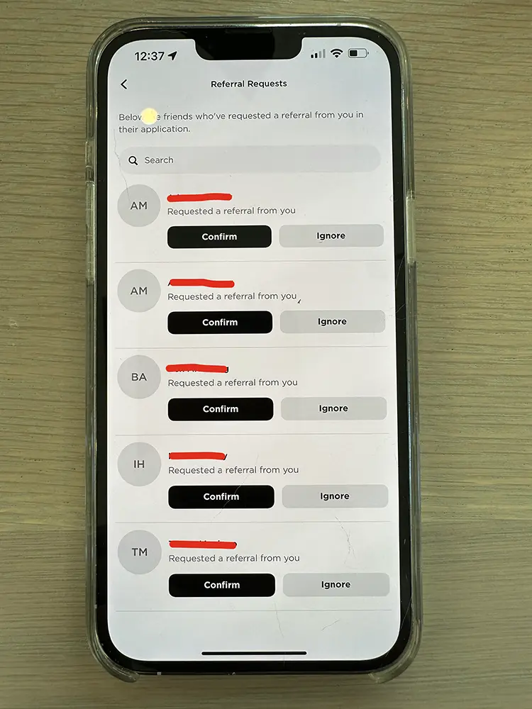 Screenshot of Blaine's Raya referral requests