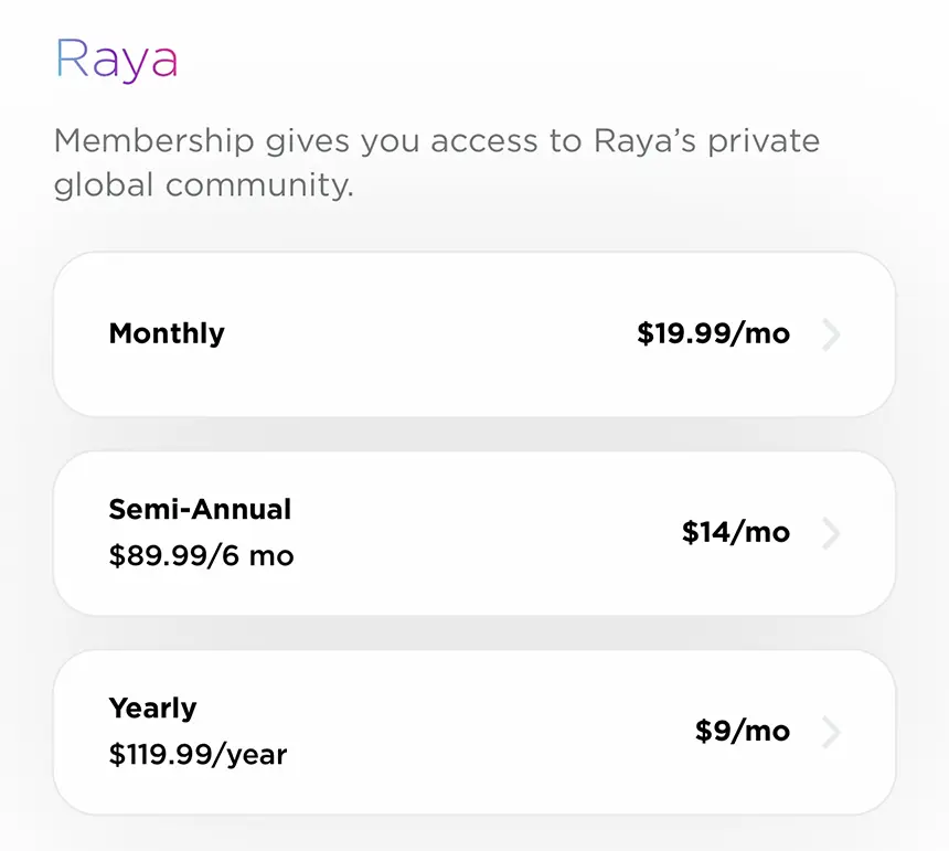 Screenshot of pricing for Raya standard membership