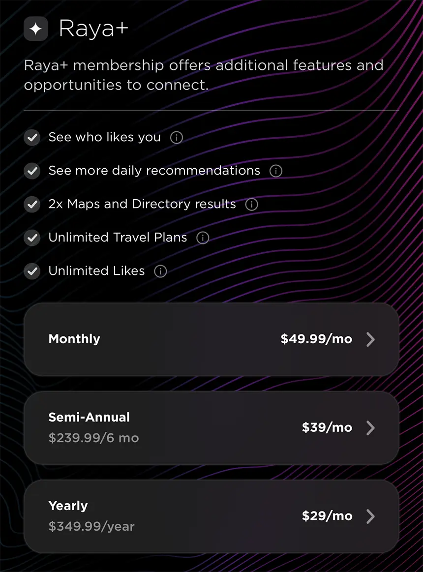 Screenshot of pricing for Raya+ membership