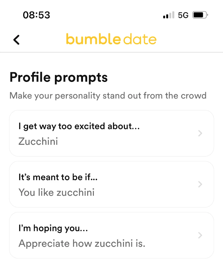 Screenshot of the settings page in the Bumble app where users can input their prompts