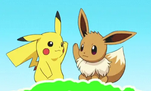 Gif of a Pikachu and an Evee high-fiving