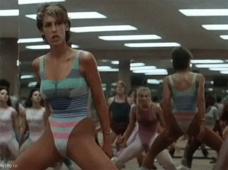 Gif of Jamie Lee Curtis in a workout class