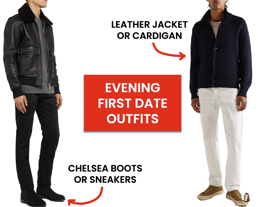 Graphic showing evening first date outfits, with one man wearing dark jeans and a leather jacket, and the other wearing white jeans and a navy cardigan.