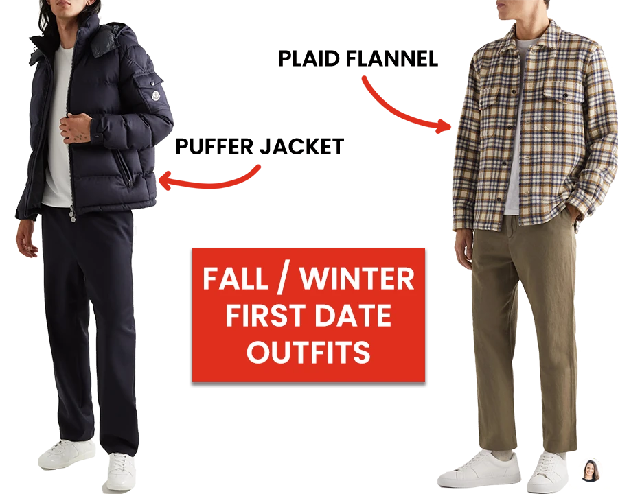 Graphic highlighting cold-weather / winter / autumn first date outfits: one man in black jeans and a navy puffer jacket, and another in green chinos and a light plaid flannel.