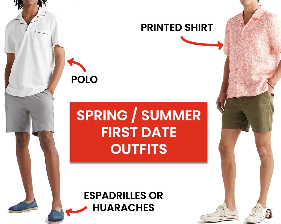 Graphic highlighting spring / summer warm weather first date outfits, with one man in a white polo and grey shorts, and another in a floral print shirt with green shorts.