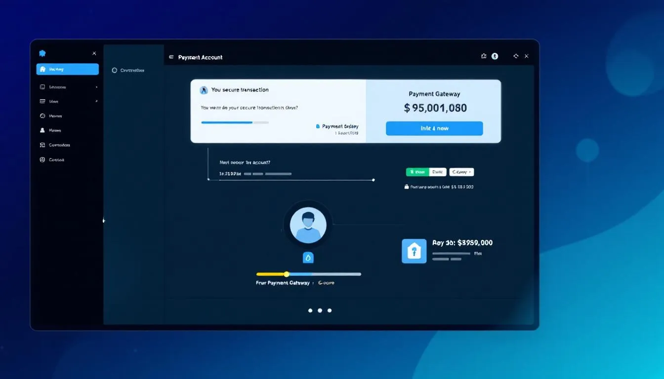The image depicts a modern banking and payment processing interface, illustrating a secure transaction flow that emphasizes the importance of safeguarding personal information and adhering to rigorous data protection laws. It showcases various features that help protect sensitive personal information while users interact with online services.