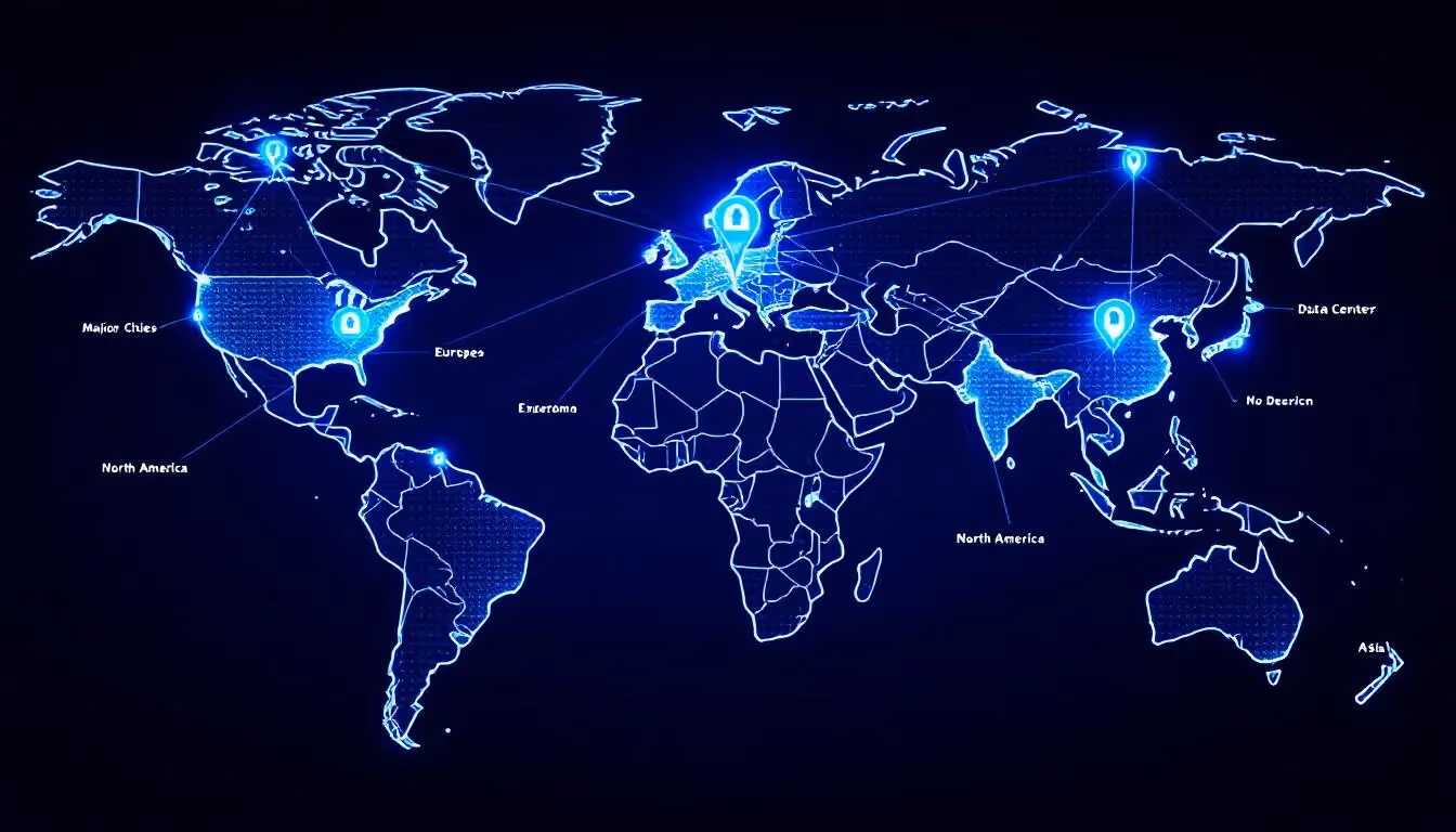 The image depicts a global network diagram illustrating secure data connections between various geographic regions, emphasizing the importance of safeguarding personal information in compliance with rigorous data protection laws. It highlights how systems and storage facilities are interconnected to protect sensitive personal information and ensure that data privacy practices meet legal and regulatory requirements.
